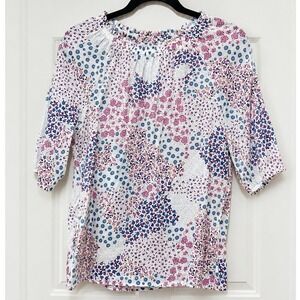Cooper & Ella Floral Patchwork Blouse Small Blue Pink 3/4 Sleeve Keyhole Top
